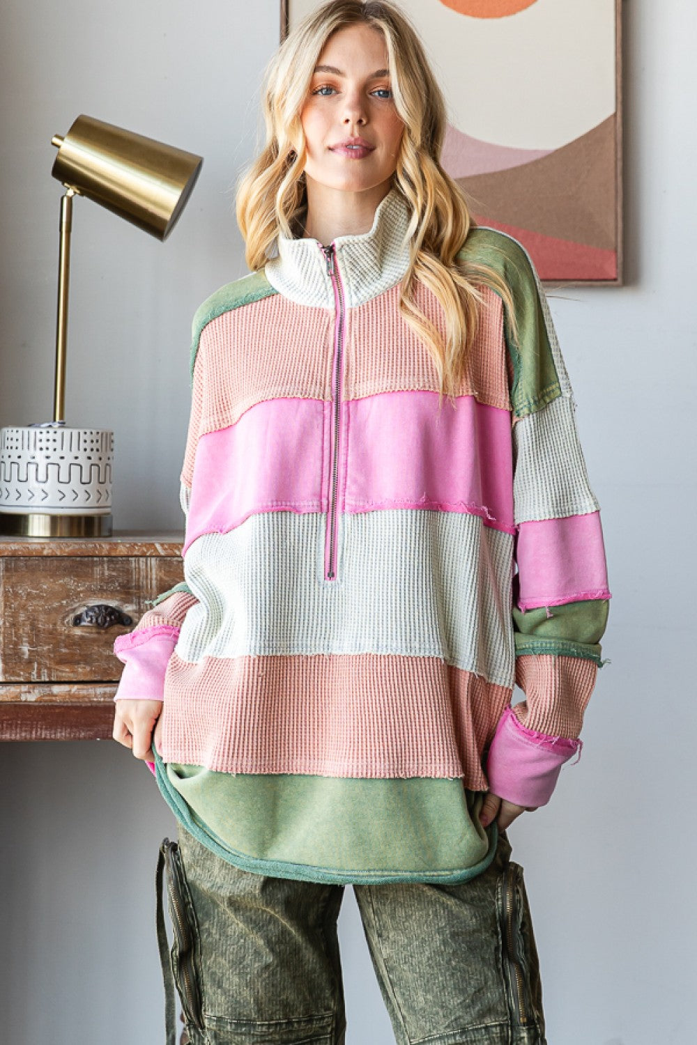 Right On Color Block Striped Half Zip Pullover with Pockets