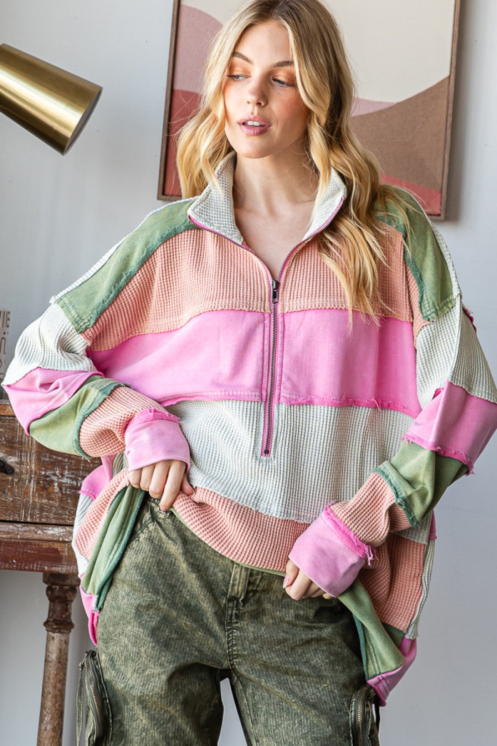 Right On Color Block Striped Half Zip Pullover with Pockets