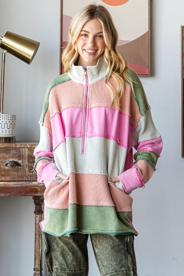 Right On Color Block Striped Half Zip Pullover with Pockets