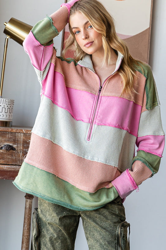 Right On Color Block Striped Half Zip Pullover with Pockets