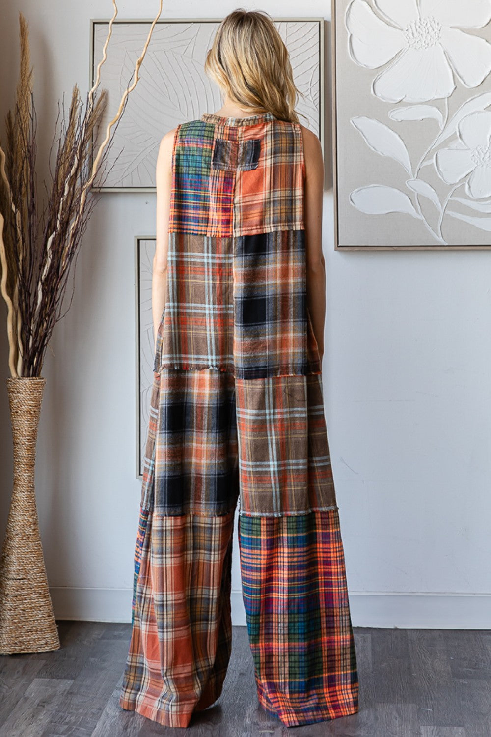 Bop Around Washed Plaid Wide Leg Flannel Jumpsuit