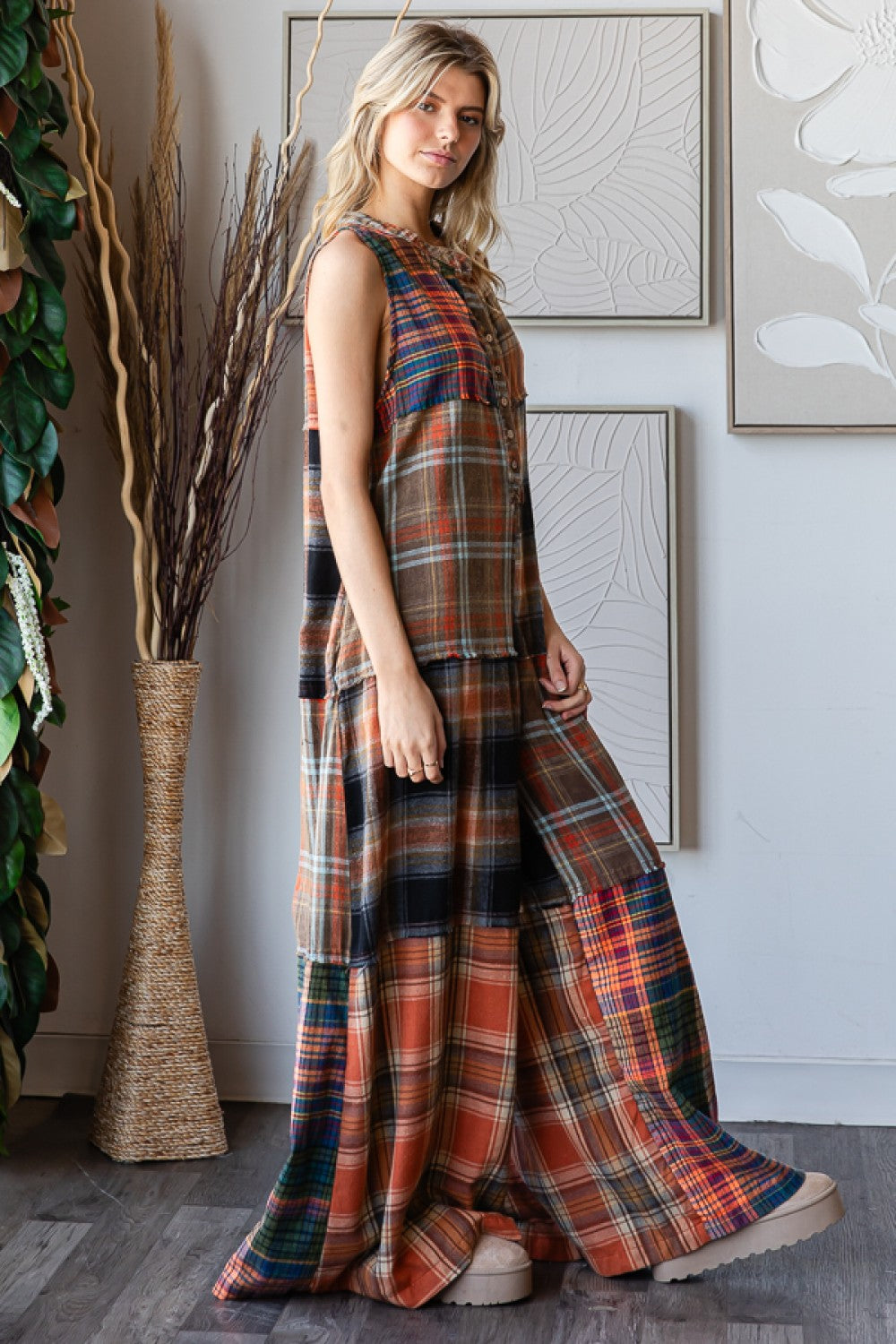 Bop Around Washed Plaid Wide Leg Flannel Jumpsuit