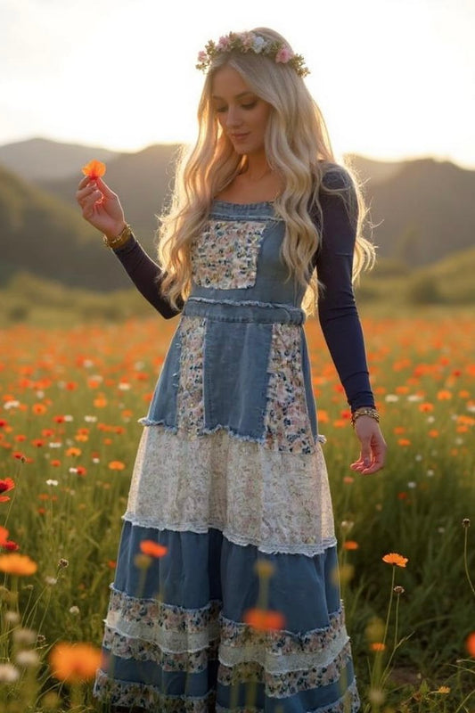Love Bomb Mixed Floral Patchwork Washed Denim Skirtall (PREORDER)