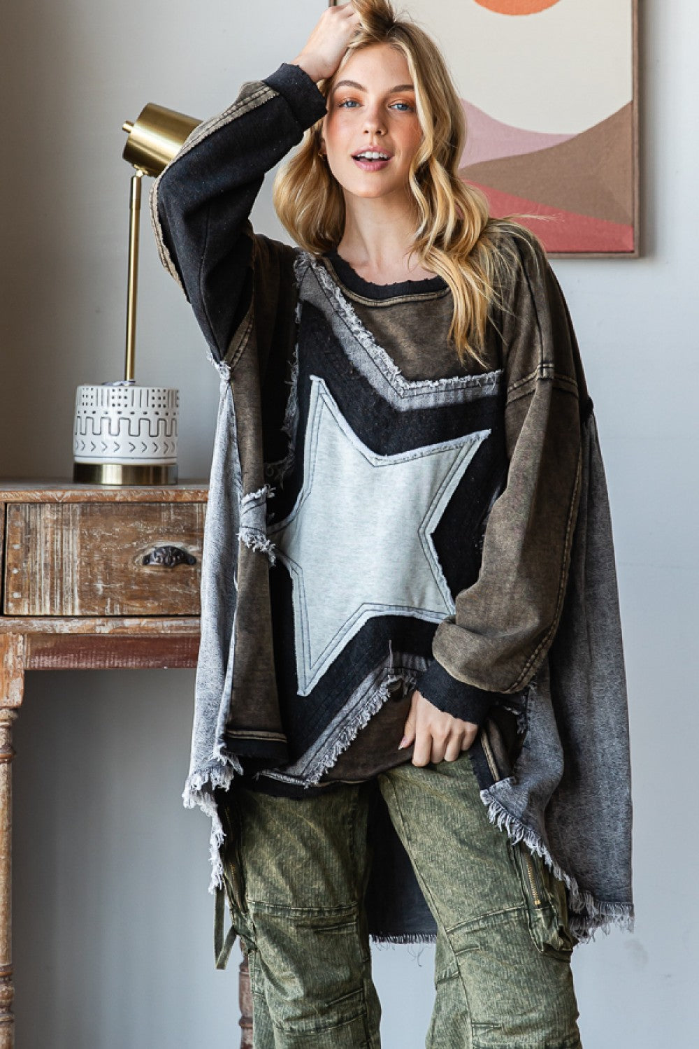 Star Bright Washed Terry + Denim Button Back Pullover