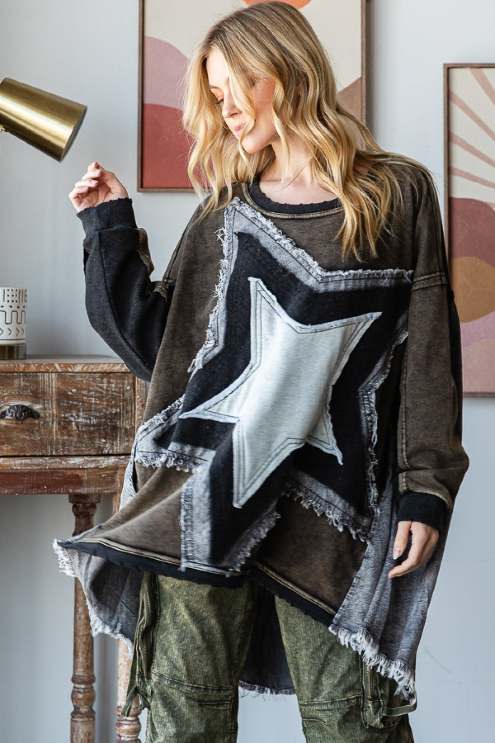 Star Bright Washed Terry + Denim Button Back Pullover