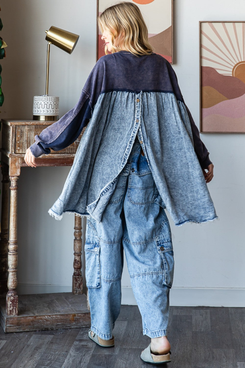 Star Bright Washed Terry + Denim Button Back Pullover