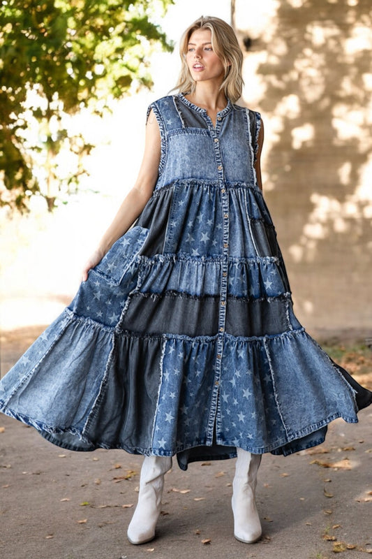 Talk About It Washed Denim Patchwork Tiered Maxi