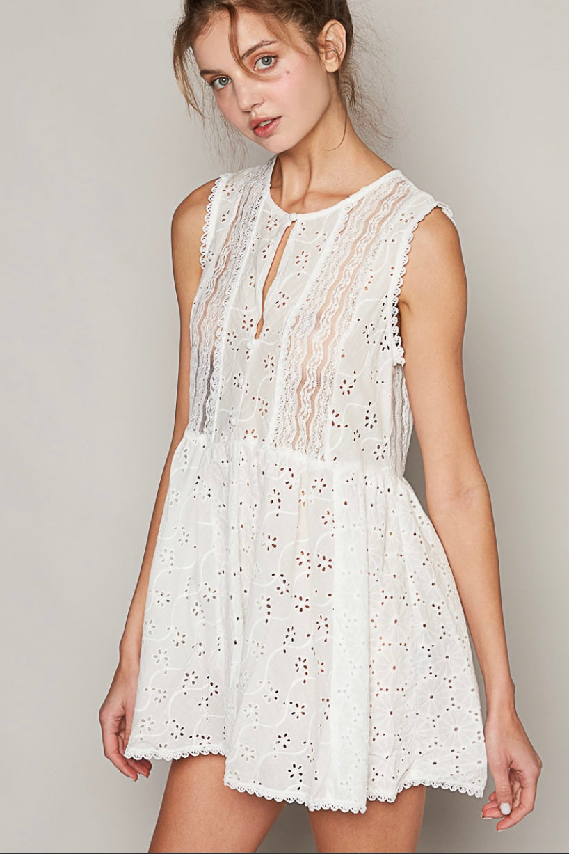 Dreamcatcher Sleeveless Embroidered Eyelet A-Line Tunic Top