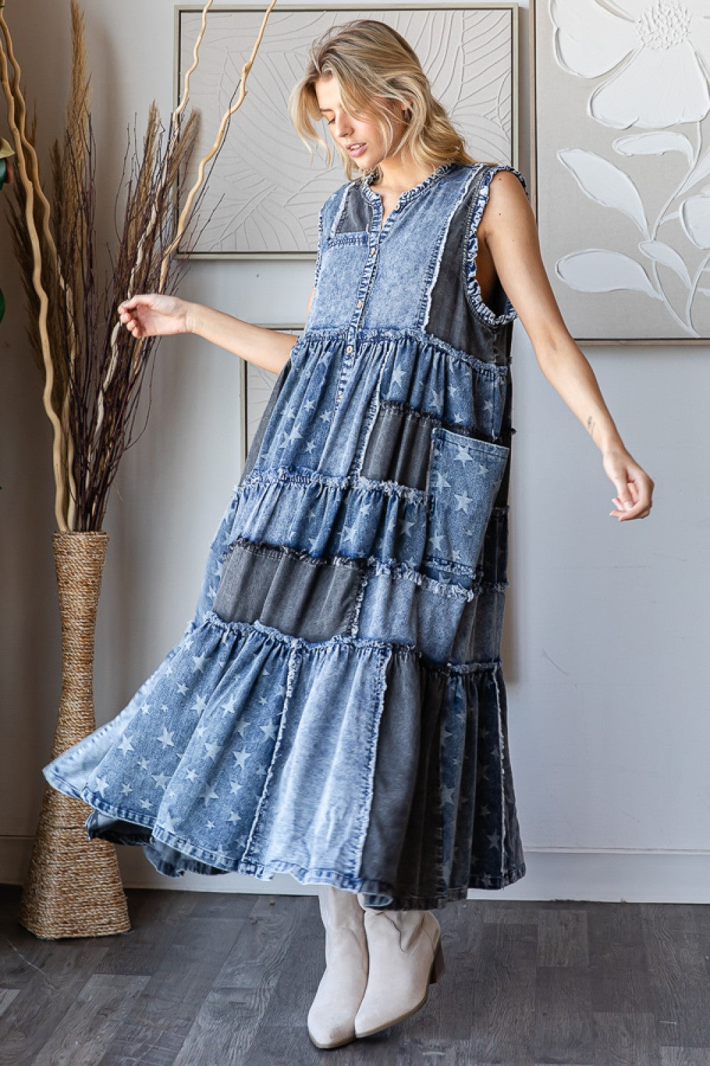 Talk About It Washed Denim Patchwork Tiered Maxi