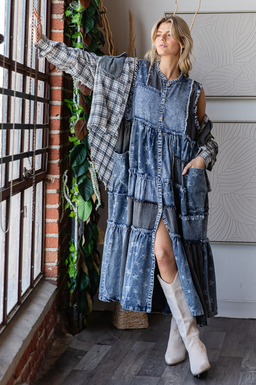 Talk About It Washed Denim Patchwork Tiered Maxi