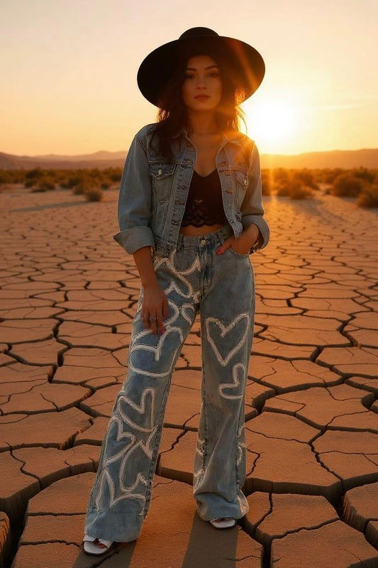 Model stands on cracked desert floor at sunset wearing Oli & Hali Love Rocks Washed Hearts Straight Leg Jeans with white heart patches. Paired with black lace top, vintage denim jacket, and black wide brim hat. Edgy romantic aesthetic with rugged terrain and golden hour lighting. Western-inspired, desert muse fashion shoot with boho attitude.