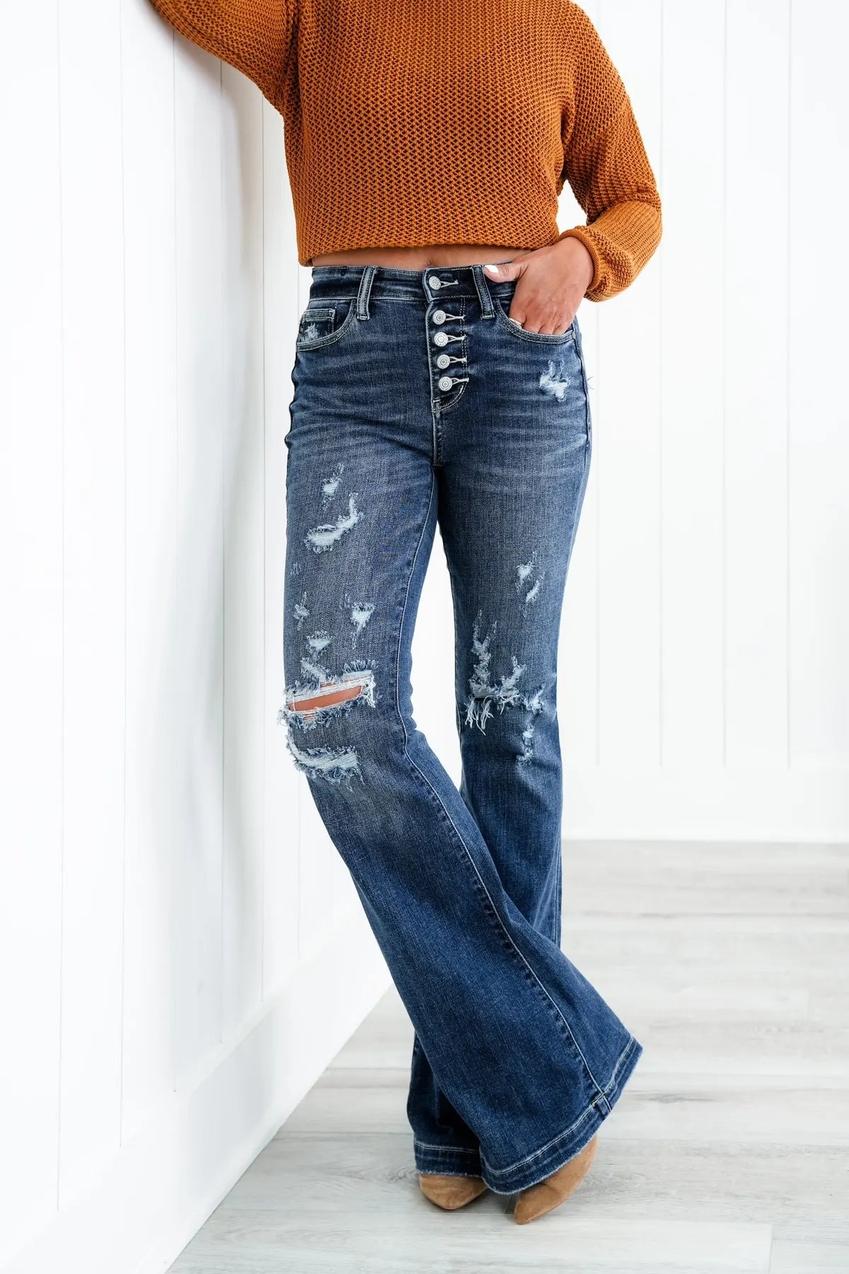 Date Night Button Fly Distressed Flares (1/25 to 24)