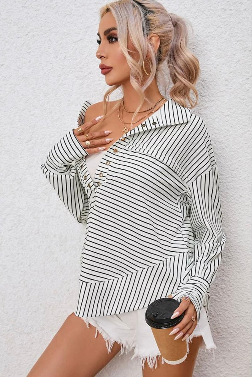 Work It Out Striped Split Neck Pullover with Thumbholes (Small to 3XL)