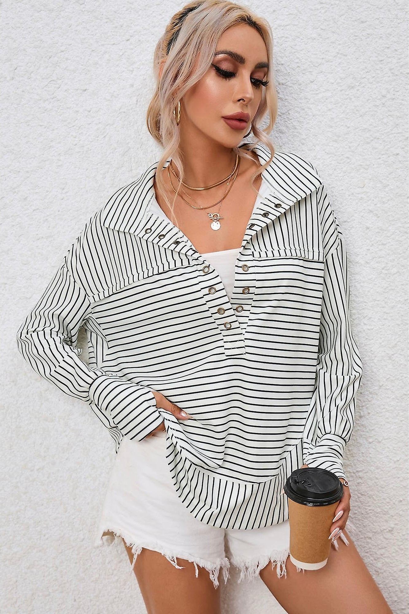 Work It Out Striped Split Neck Pullover with Thumbholes (Small to 3XL)