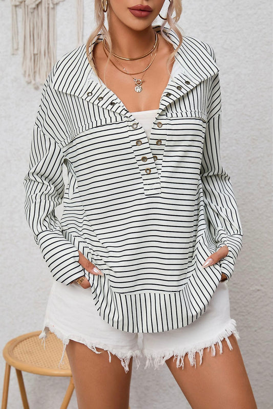 Work It Out Striped Split Neck Pullover with Thumbholes (Small to 3XL)