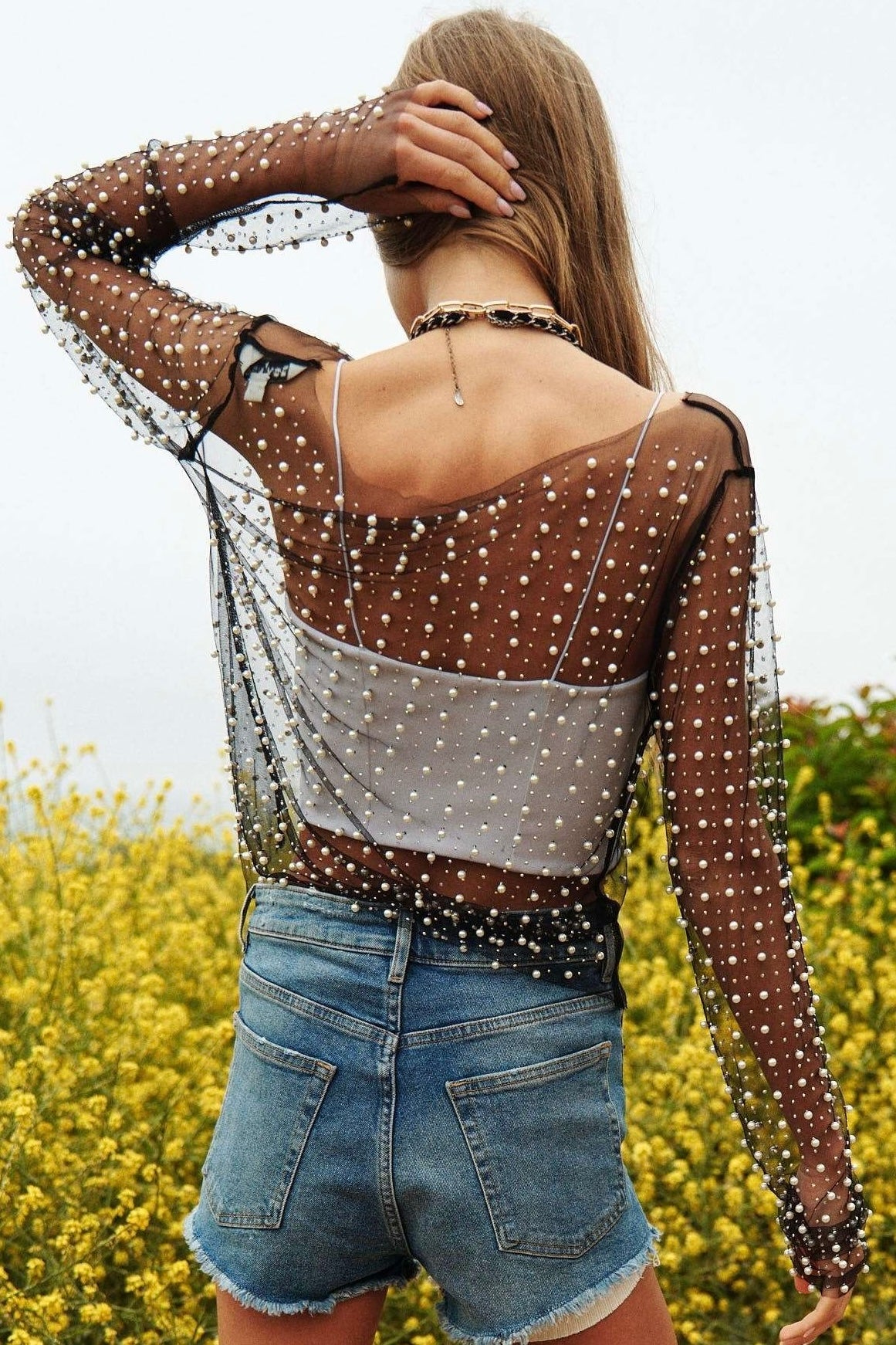 Lady Luxe Pearl Embellished Long Sleeve Mesh Top