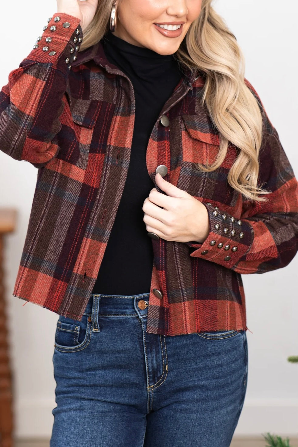 On My Game Studded Cropped Plaid Jacket (Small to 3XL)