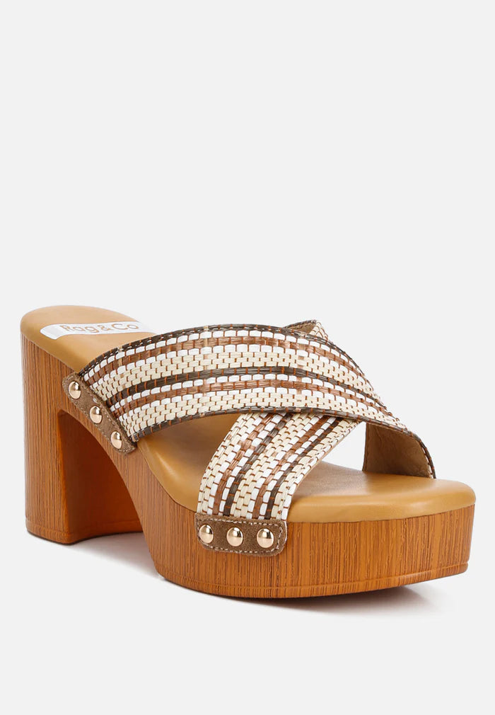 Rag & Co Patterned Raffia Open Toe Clogs with a High Block Heel