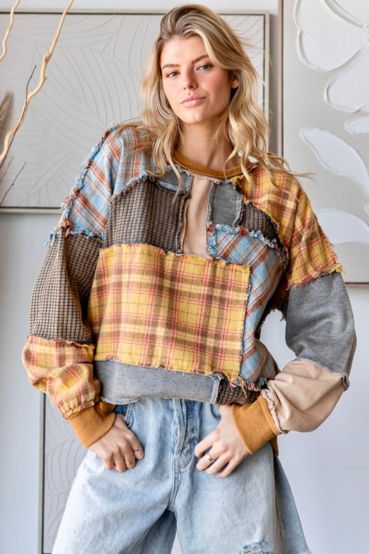 All In Washed Plaid Mixed Patchwork Pullover