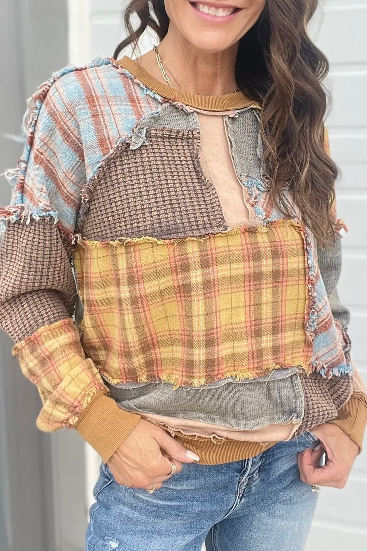 All In Washed Plaid Mixed Patchwork Pullover