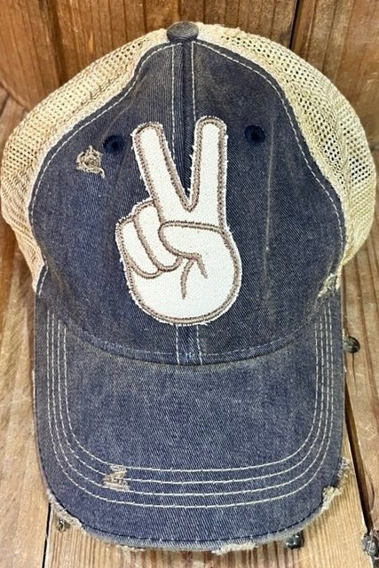 Peace Sign Fingers Embroidered Patch Distressed Trucker Cap