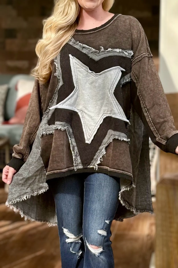 Star Bright Washed Terry + Denim Button Back Pullover