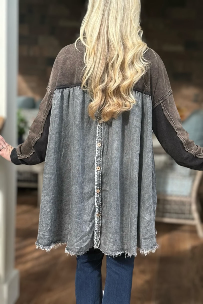 Star Bright Washed Terry + Denim Button Back Pullover