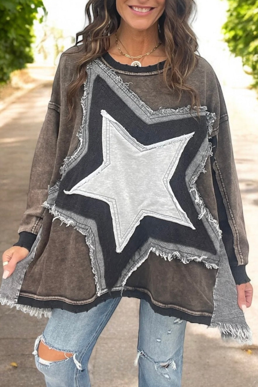 Star Bright Washed Terry + Denim Button Back Pullover