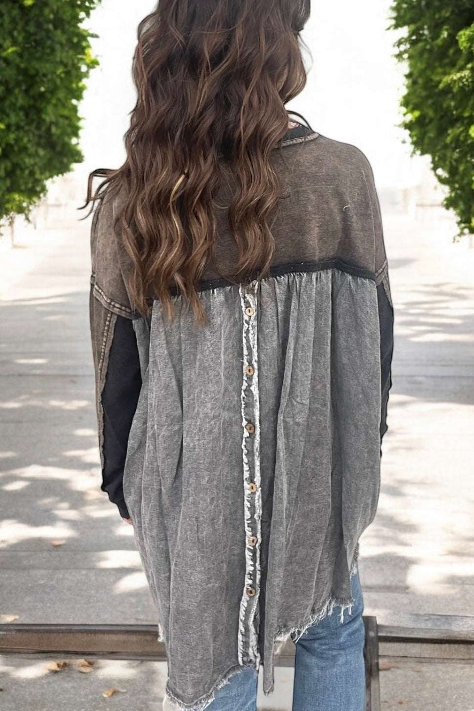 Star Bright Washed Terry + Denim Button Back Pullover