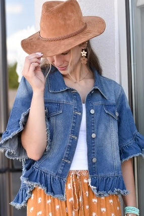 Frill Ride Ruffled Short Sleeve Denim Jacket