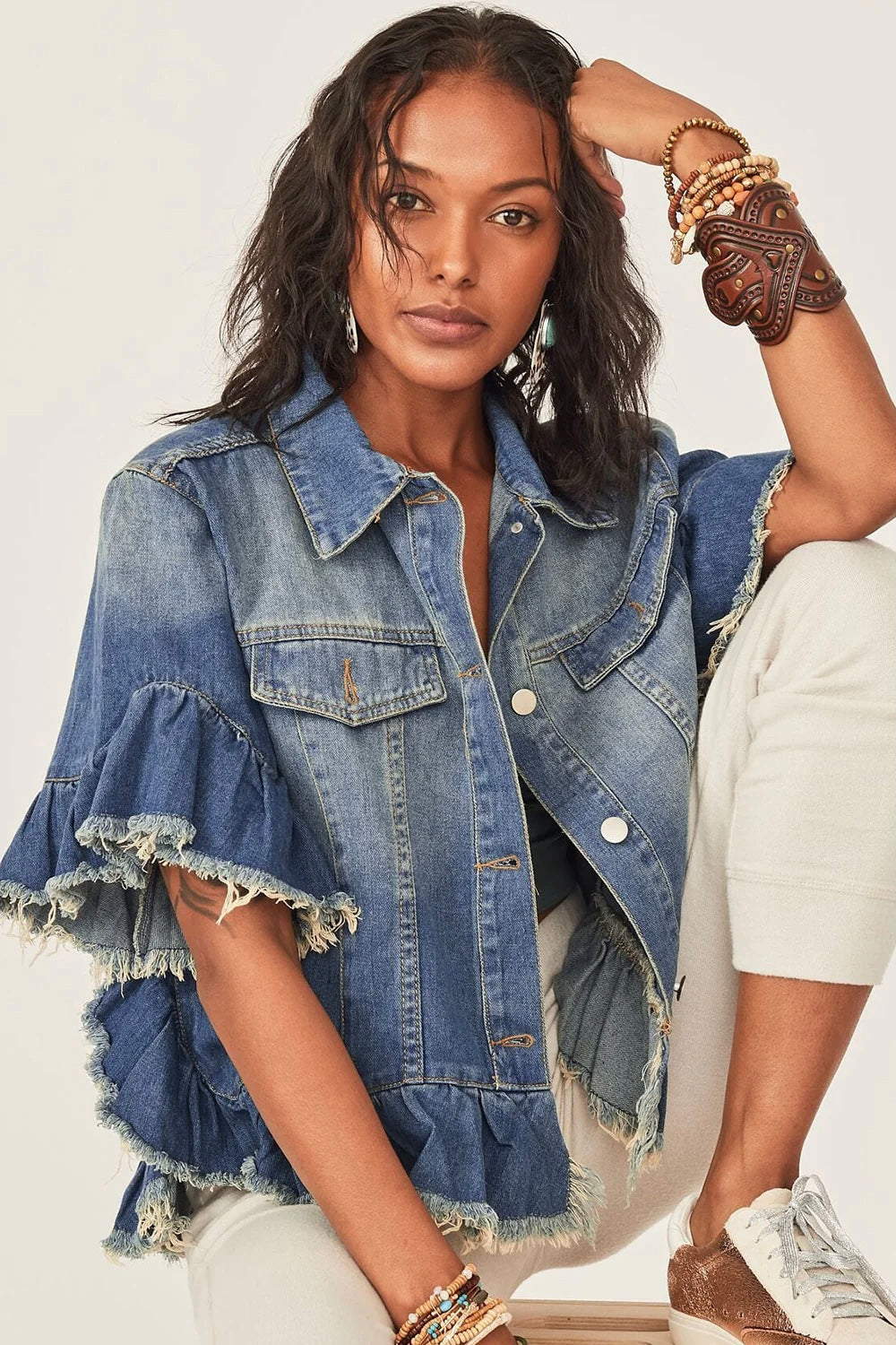 Frill Ride Ruffled Short Sleeve Denim Jacket