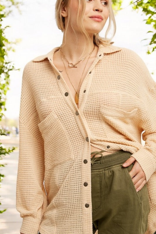 So My Everyday Soft Waffle Knit Oversized Button Down (3 Colors)