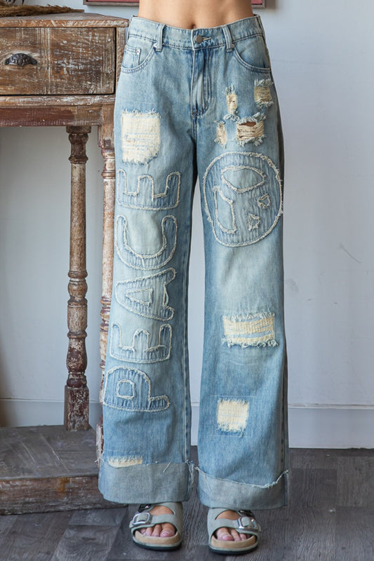 Vibe Check Peace Patched + Lettered Loose Fit Jeans PREORDER