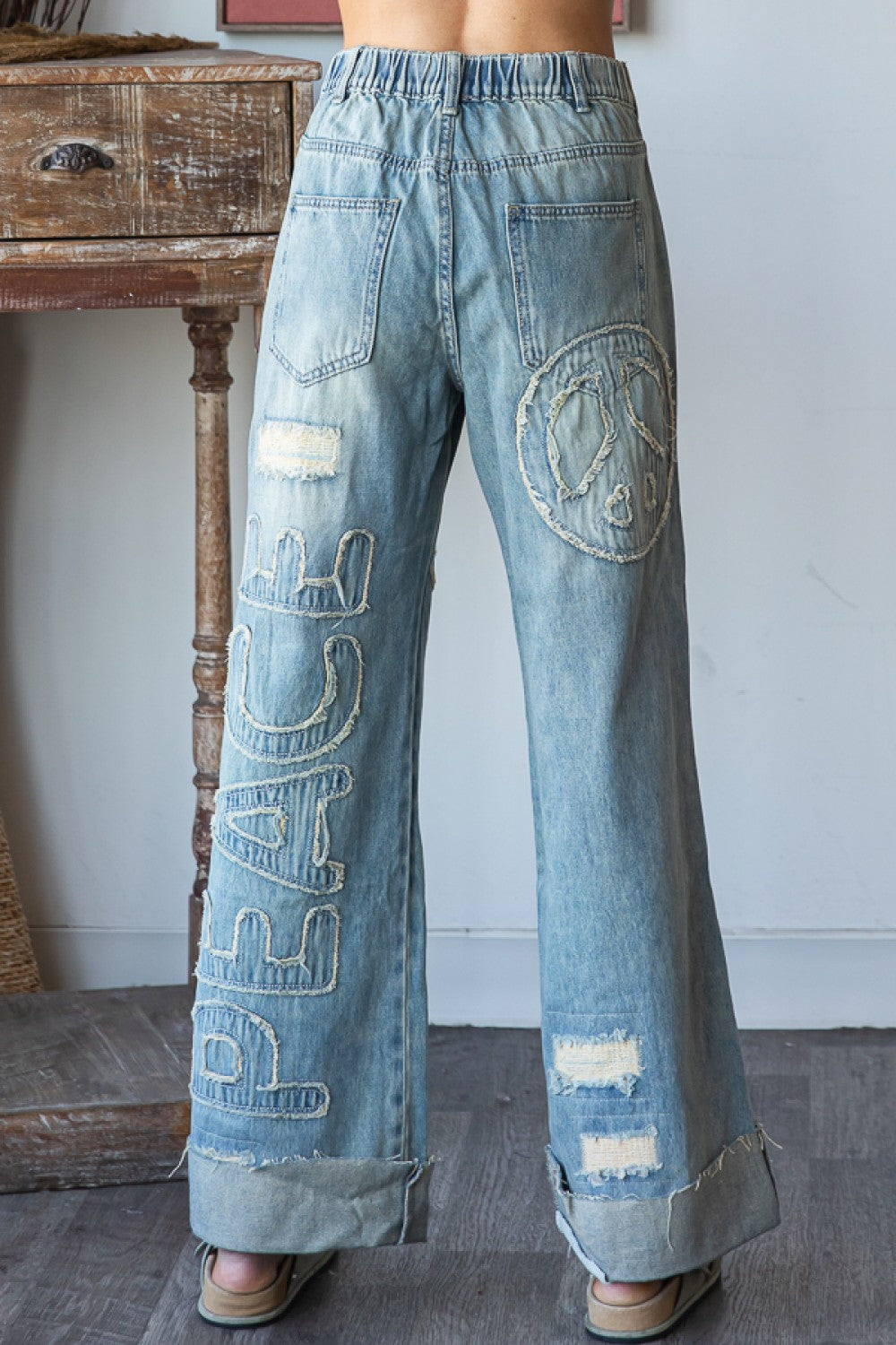 Vibe Check Peace Patched + Lettered Loose Fit Jeans