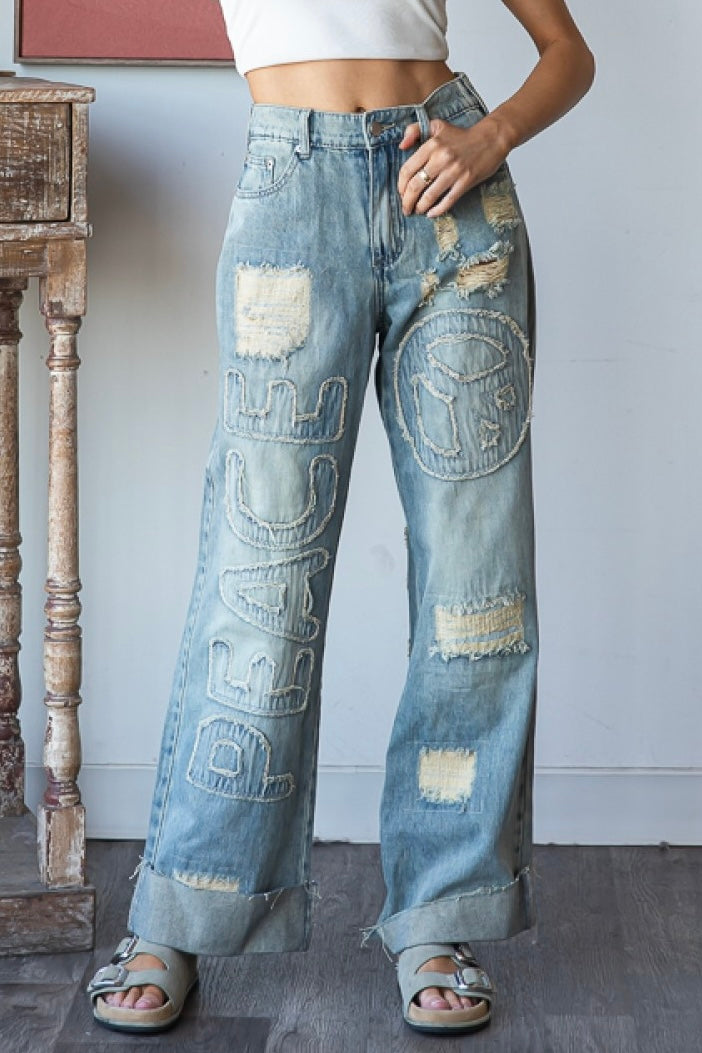 Vibe Check Peace Patched + Lettered Loose Fit Jeans