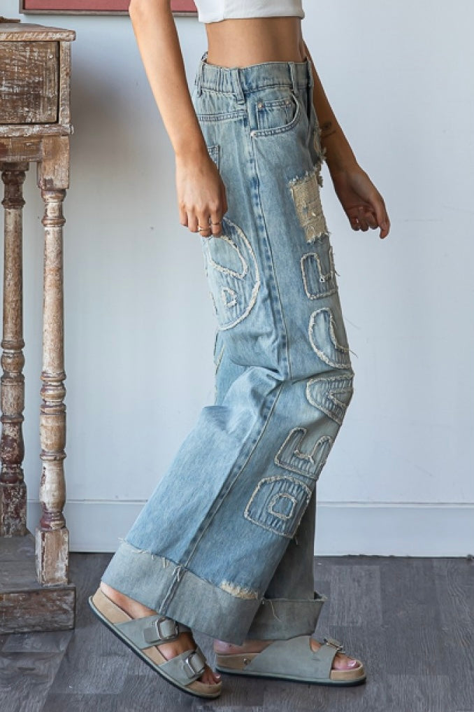 Vibe Check Peace Patched + Lettered Loose Fit Jeans