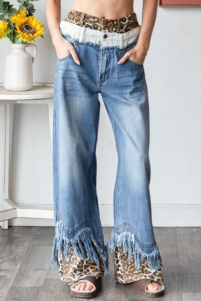 Now You See Me Double Waist Distressed Hem Jeans with Leopard