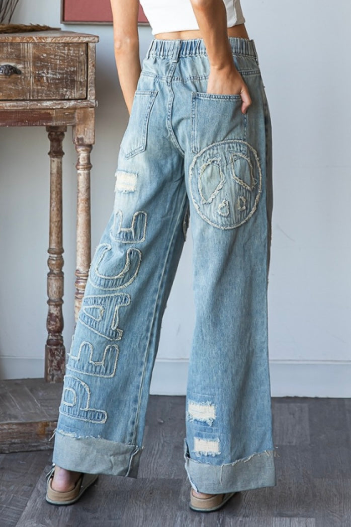 Vibe Check Peace Patched + Lettered Loose Fit Jeans