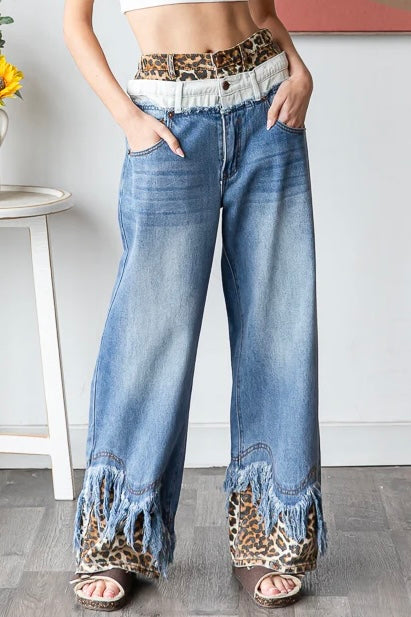 Now You See Me Double Waist Distressed Hem Jeans with Leopard