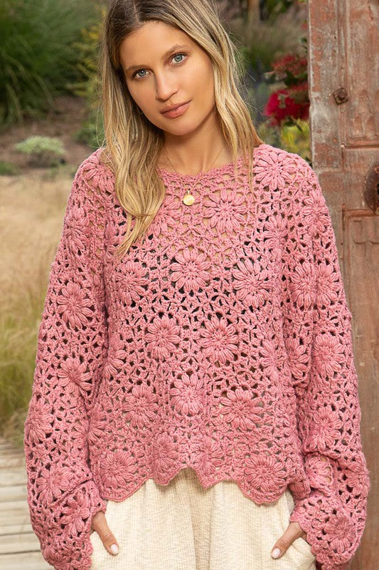 Peony Hand Knit Floral Crochet V Neck Sweater