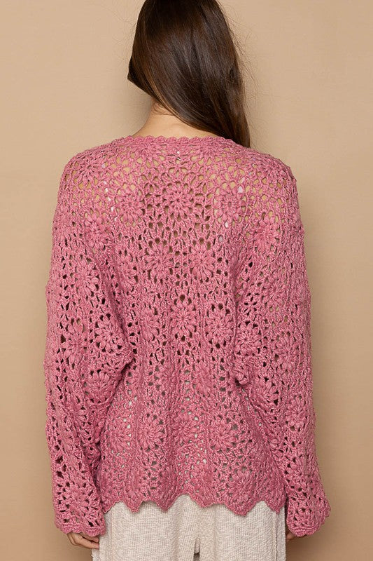 Peony Hand Knit Floral Crochet V Neck Sweater