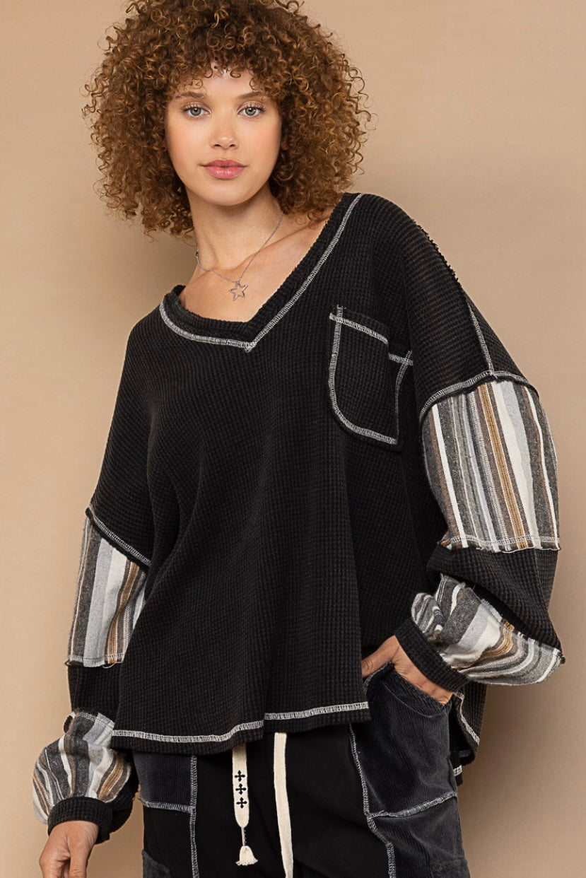 One Night Striped Sleeve V Neck Slouchy Thermal Knit Top (2 Colors)