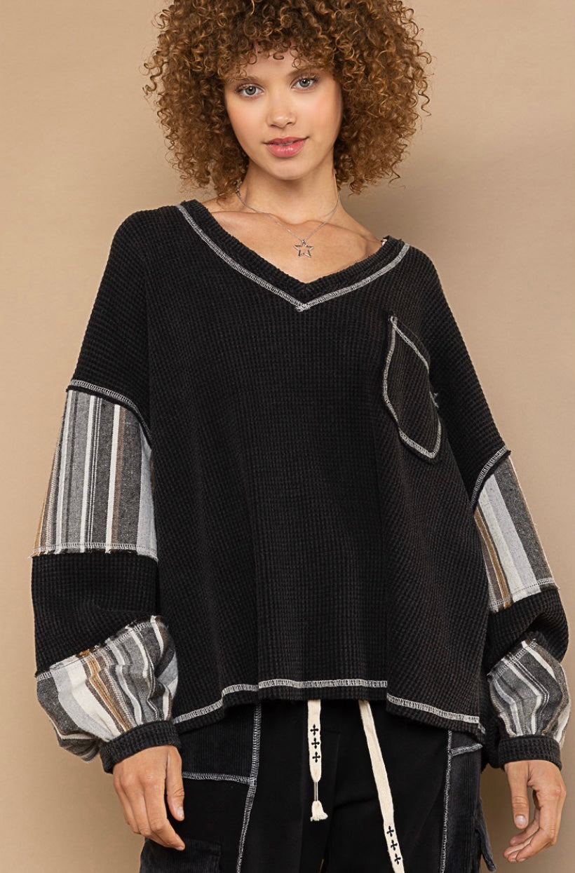 One Night Striped Sleeve V Neck Slouchy Thermal Knit Top (2 Colors)