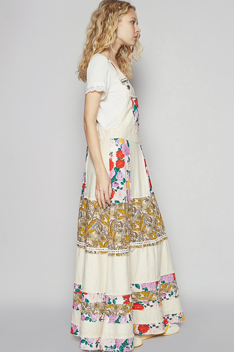 Love Bomb Floral Patchwork Washed Denim Skirtall | Cream