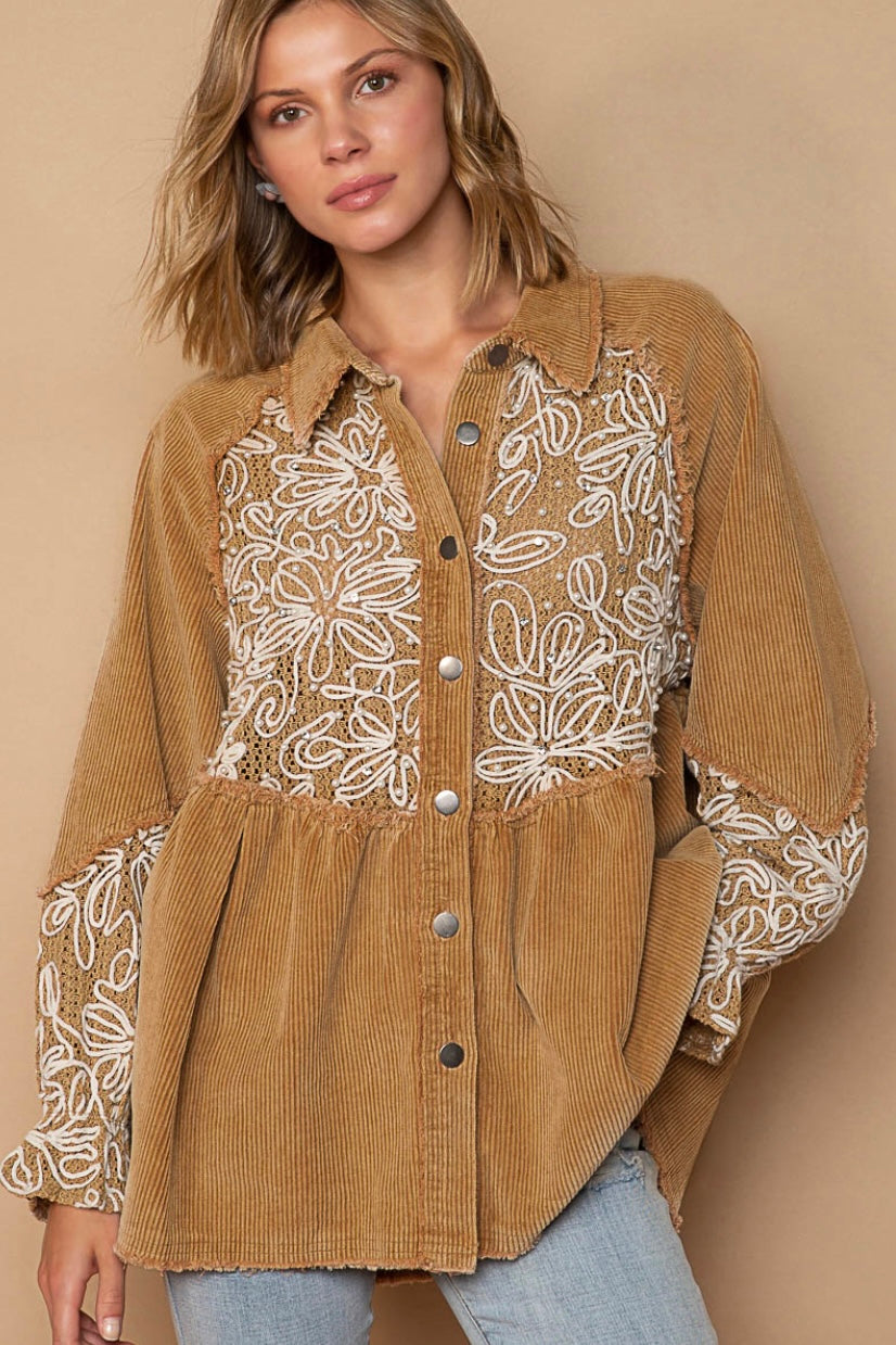 Boho Blossom Bead + Floral Embroidered Button Front Corduroy Top