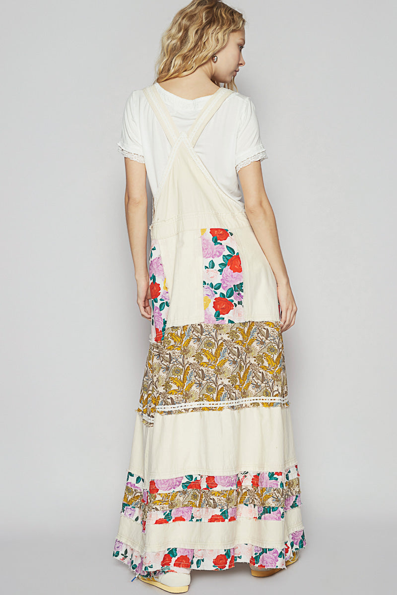 Love Bomb Floral Patchwork Washed Denim Skirtall | Cream