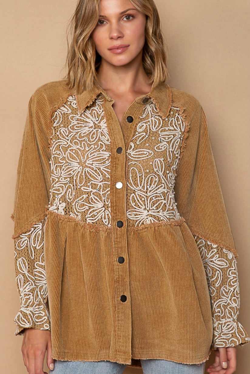 Boho Blossom Bead + Floral Embroidered Button Front Corduroy Top