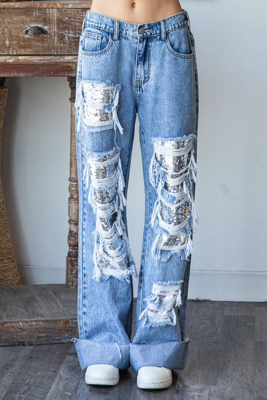 Lit Up Silver Sequin Patched Distressed Slouchy Jeans