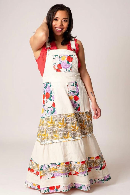 Love Bomb Floral Patchwork Washed Denim Skirtall | Cream