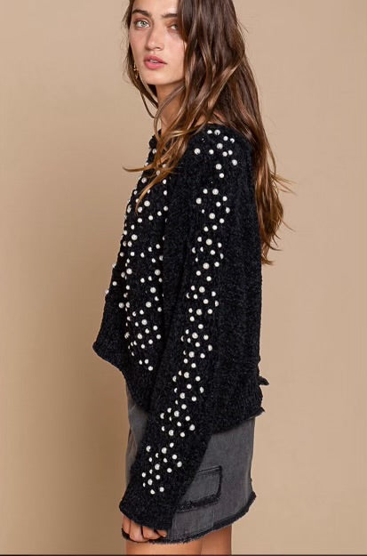 Black Magic Pearl Beaded Velvet Chenille Sweater